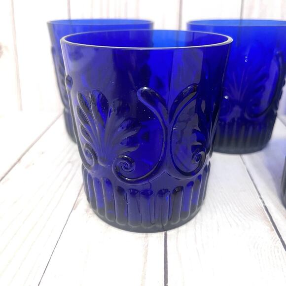 Rare Baroque Revival Cobalt Blue Pressed Old Fashioned Glasses MCM Portuguese 5 - Picture 2 of 10